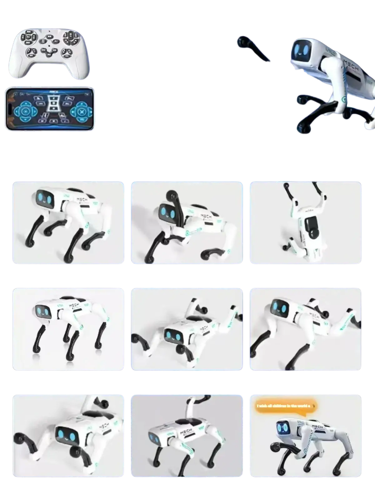 White remote control robot dog with black legs blue glowing eyes and loading basket for interactive play