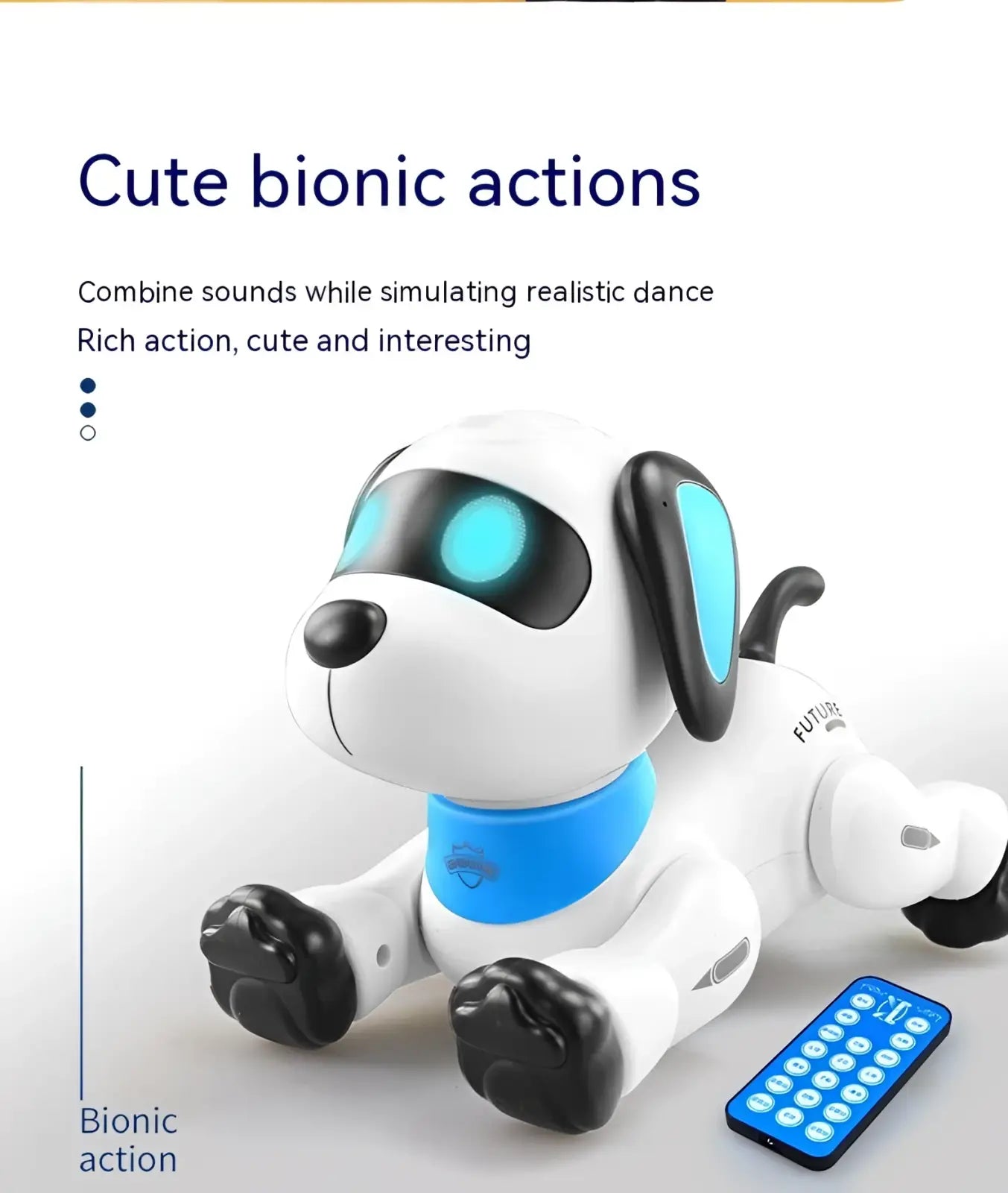 White and black remote control robot dog toy with voice control and glowing blue eyes ears and collar