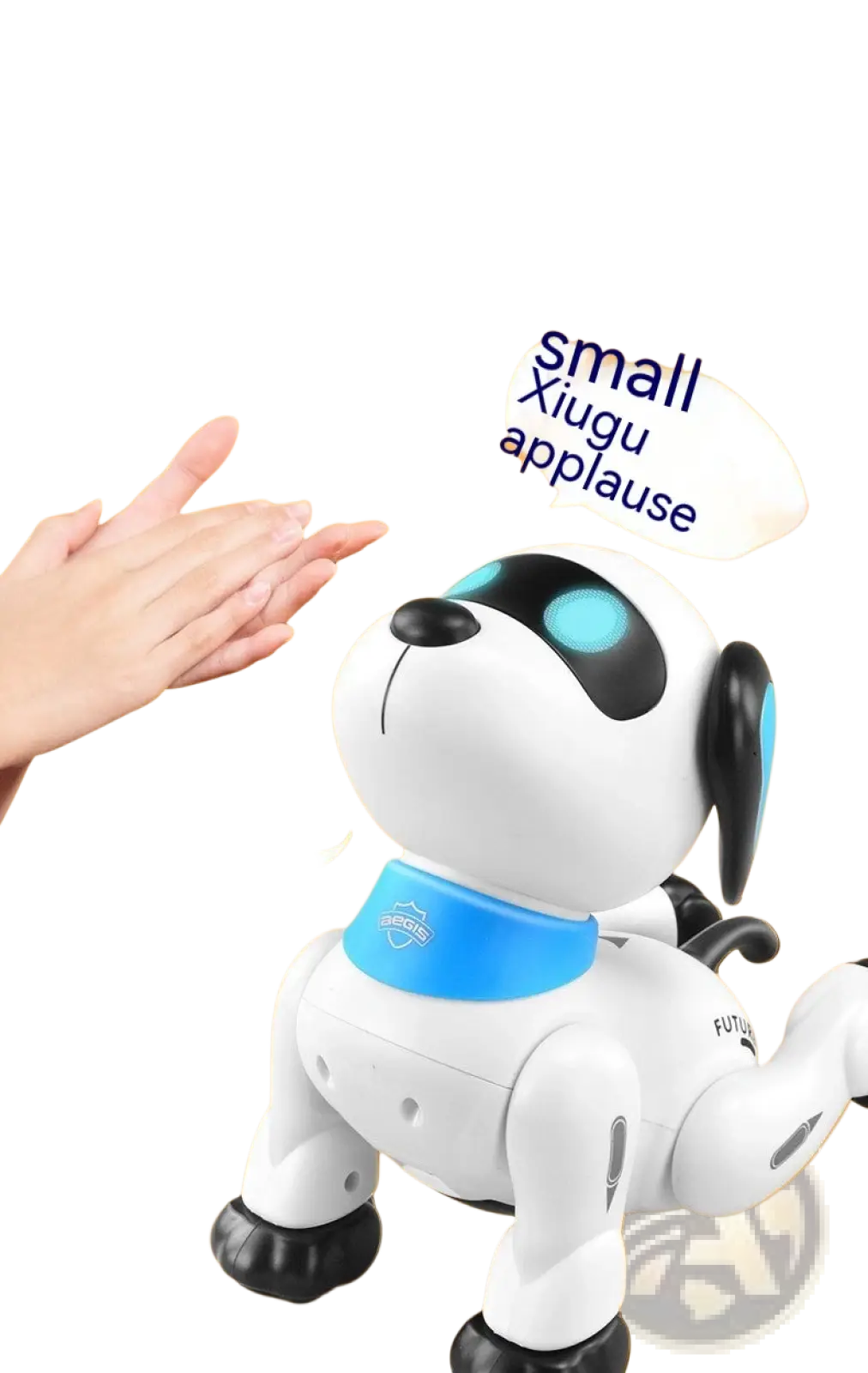 White and black remote control robot dog with blue glowing eyes bright blue collar and articulated limbs for voice control play