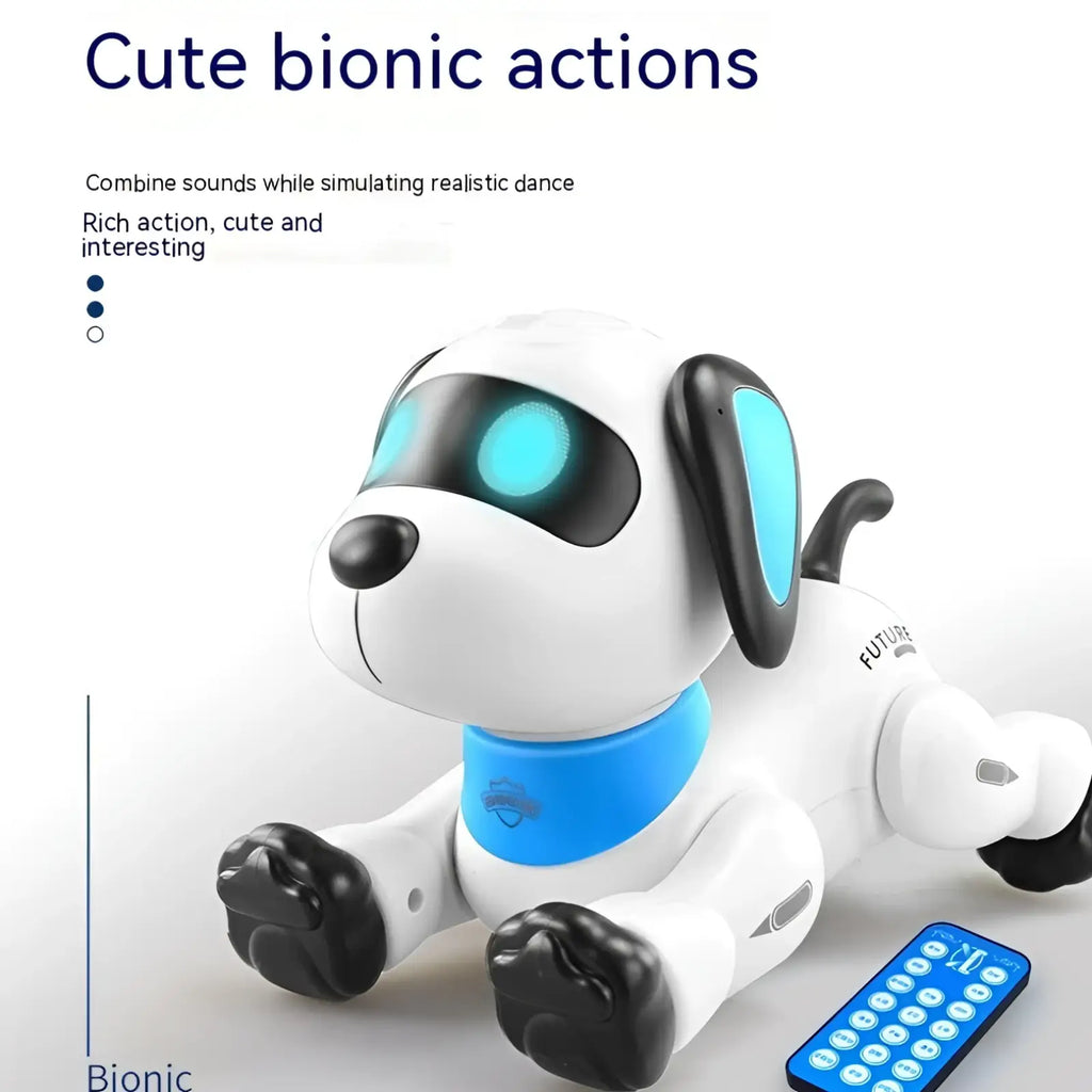 White and black bionic remote control robot dog with glowing blue eyes ears and collar voice control toy dog