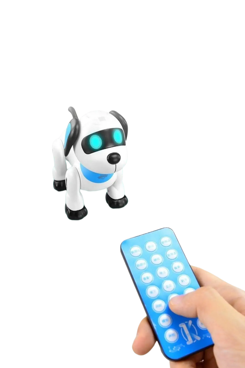 White and blue remote control robot dog toy with glowing turquoise eyes black ears and paws for voice control play