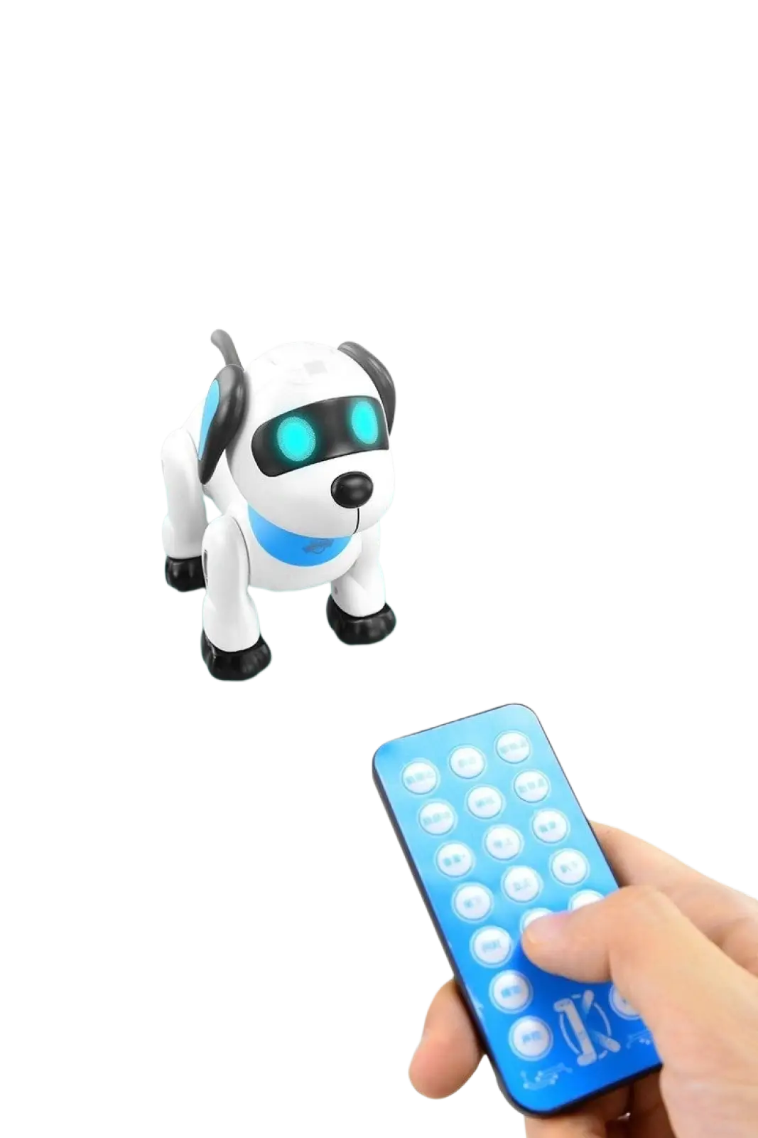 White and blue remote control robot dog toy with glowing turquoise eyes black ears and paws for voice control play