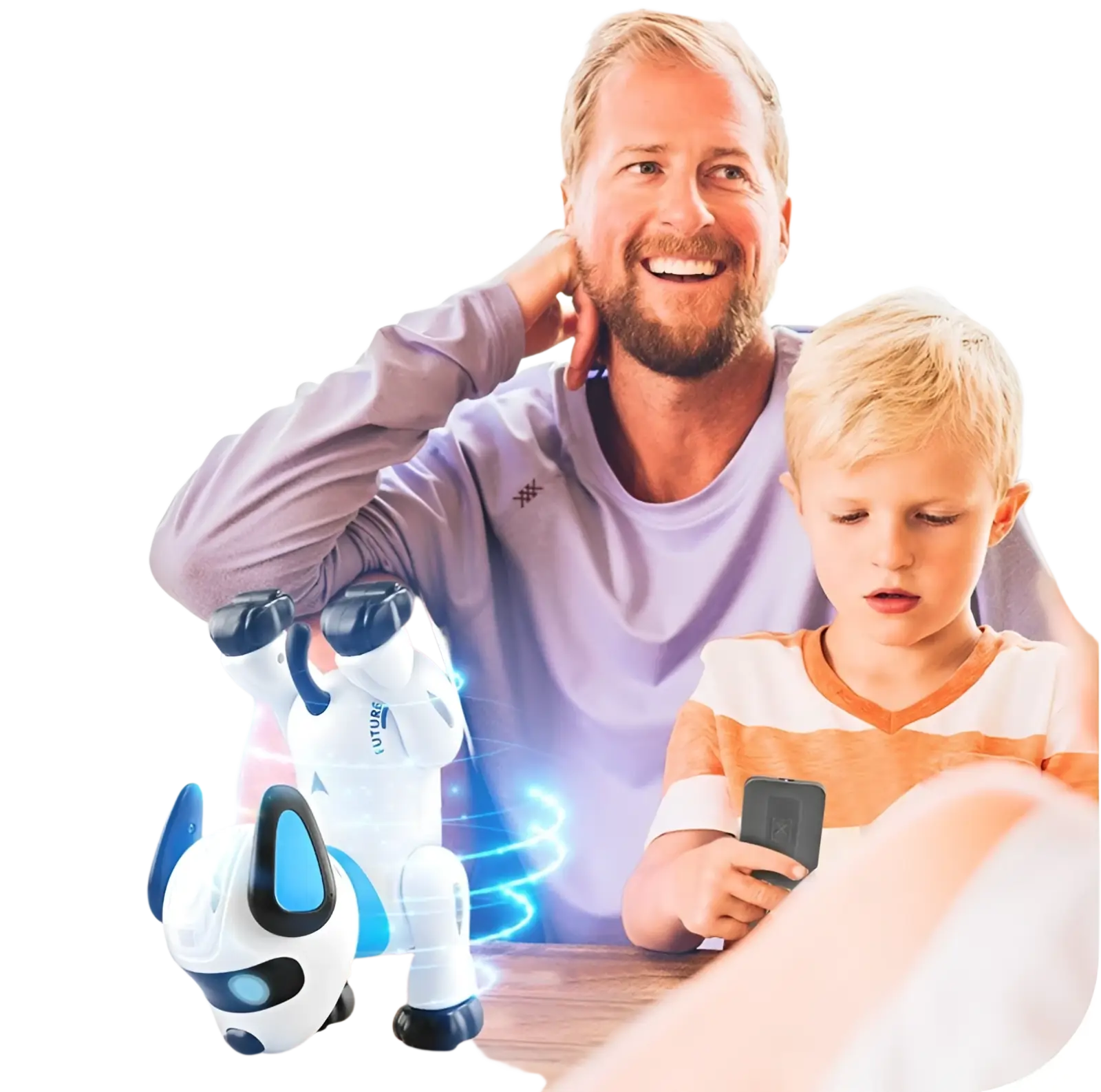 White and blue remote control robot dog toy with black accents featuring voice control functionality