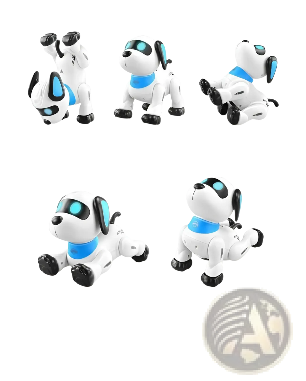 Remote control robot dog toy in white and blue with black accents featuring glowing cyan eyes and articulated limbs