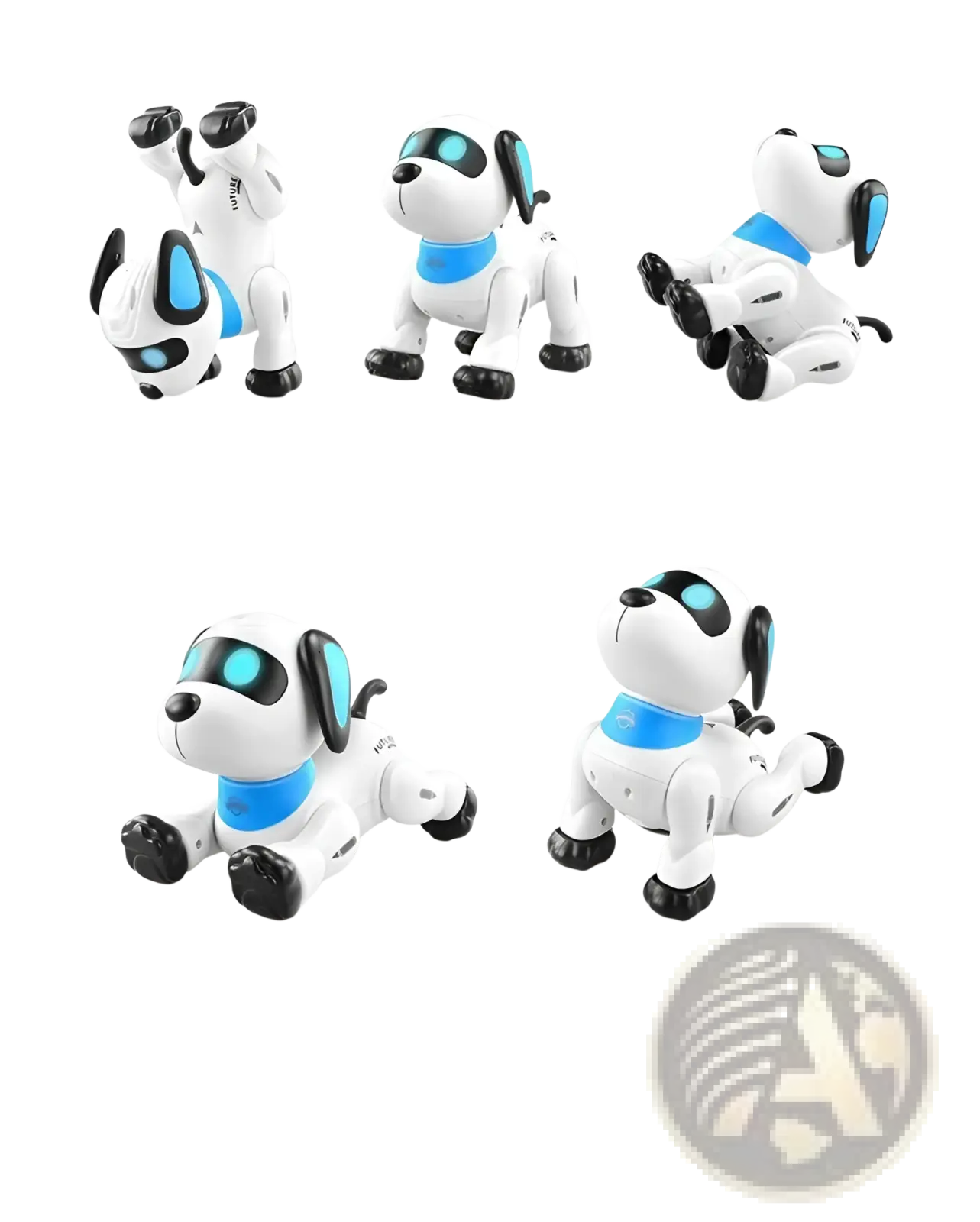 Remote control robot dog toy in white and blue with black accents featuring glowing cyan eyes and articulated limbs