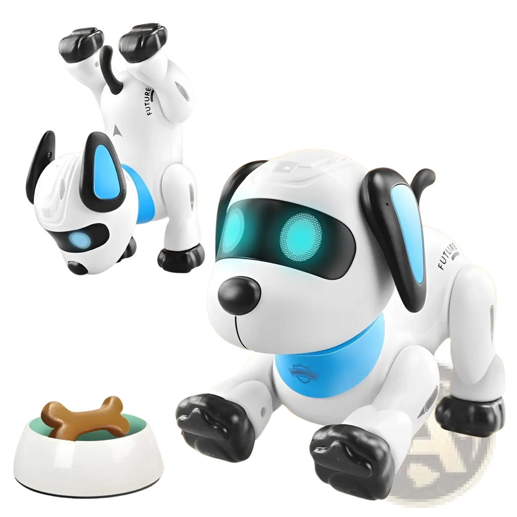 White and blue remote control robot dog toy with black accents and glowing turquoise eyes for voice control play
