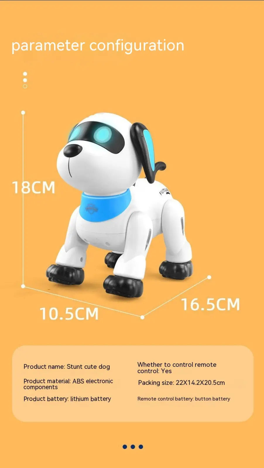 White remote control robot dog with blue glowing eyes black ears paws and bright blue abs electronic component collar