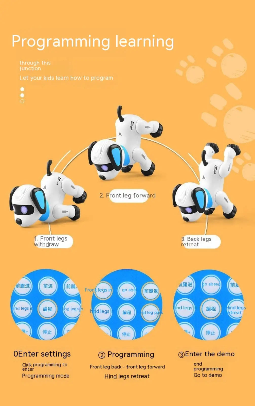 White remote control robot dog with blue glowing eyes and black paw pads designed for programming learning toy