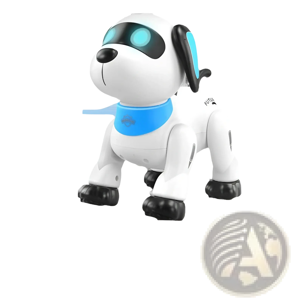 White remote control robot dog with glowing blue eyes black ears and paws and a bright blue collar for voice control play