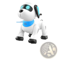White remote control robot dog with glowing blue eyes black ears and paws and a bright blue collar for voice control play
