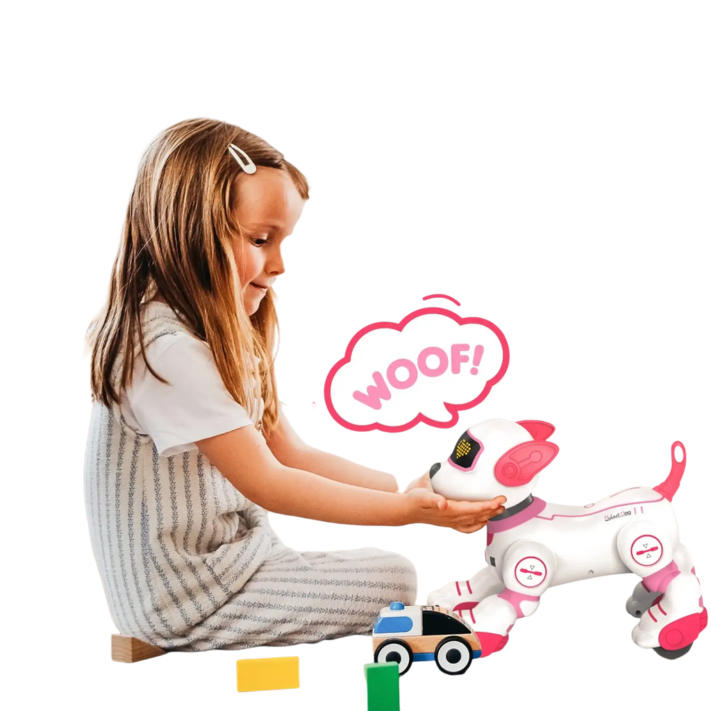 Pink and white remote control robotic dog toy with rechargeable battery and touch-sensitive features for interactive play