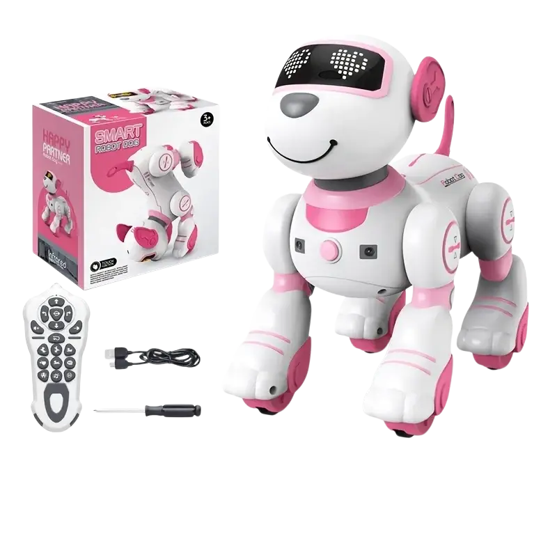 Pink and white remote control robotic dog toy with led eyes designed for interactive play and rechargeable battery