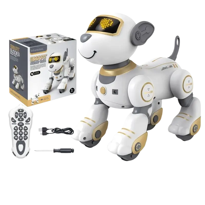 White and gold remote control robotic dog toy with led eyes and rechargeable battery for interactive play