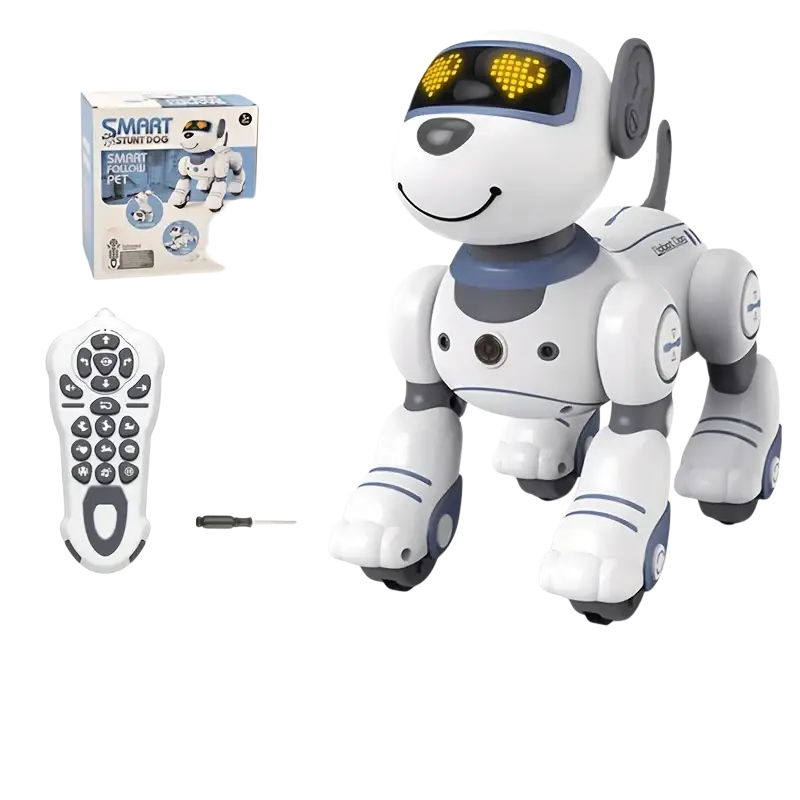 Remote control white and gray robotic dog toy with led heart eyes and rechargeable battery for smart follow play