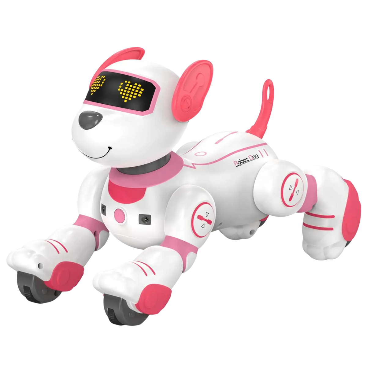 Remote control robotic dog toy with a white and pink plastic body, glowing heart-shaped eyes, and rechargeable battery
