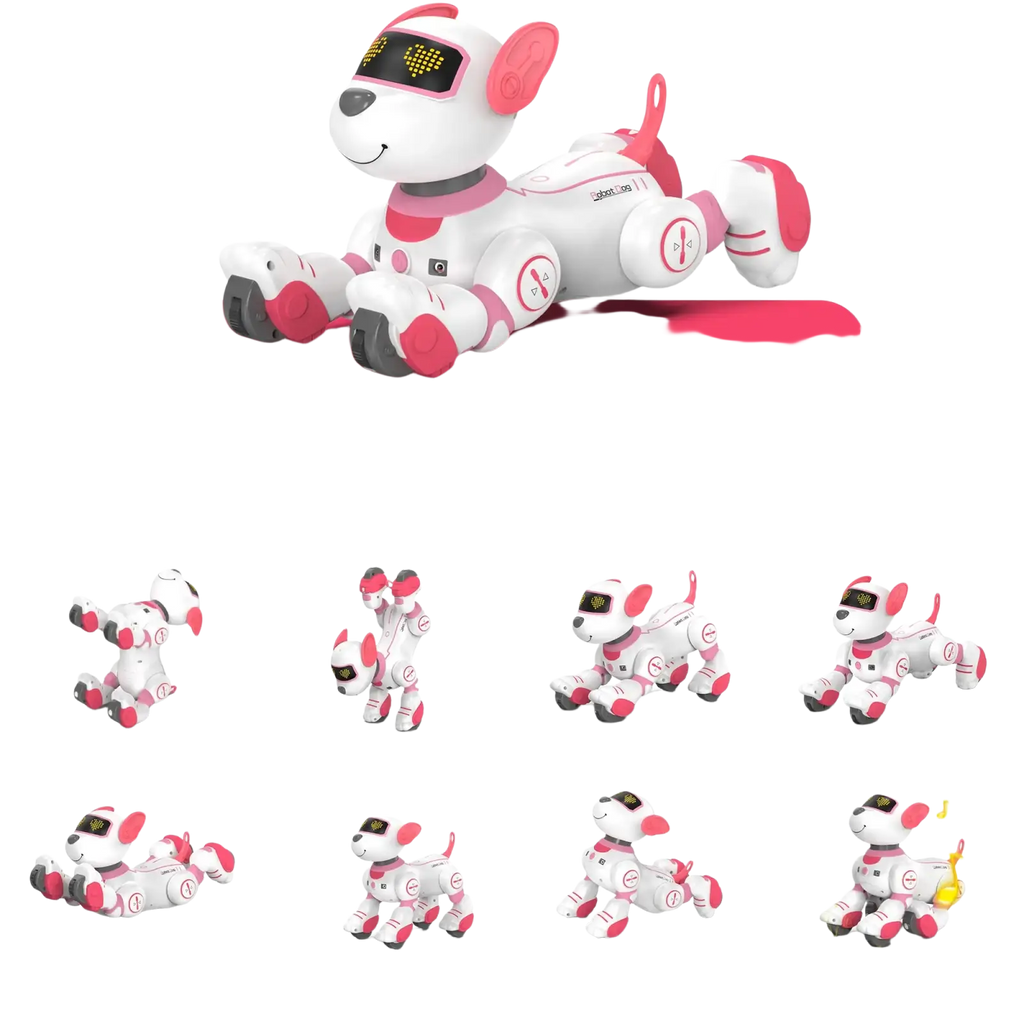 White and pink remote control robotic dog toy with sleek plastic body and rechargeable battery for interactive play