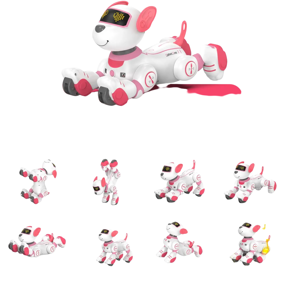 White and pink remote control robotic dog toy with sleek plastic body and rechargeable battery for interactive play
