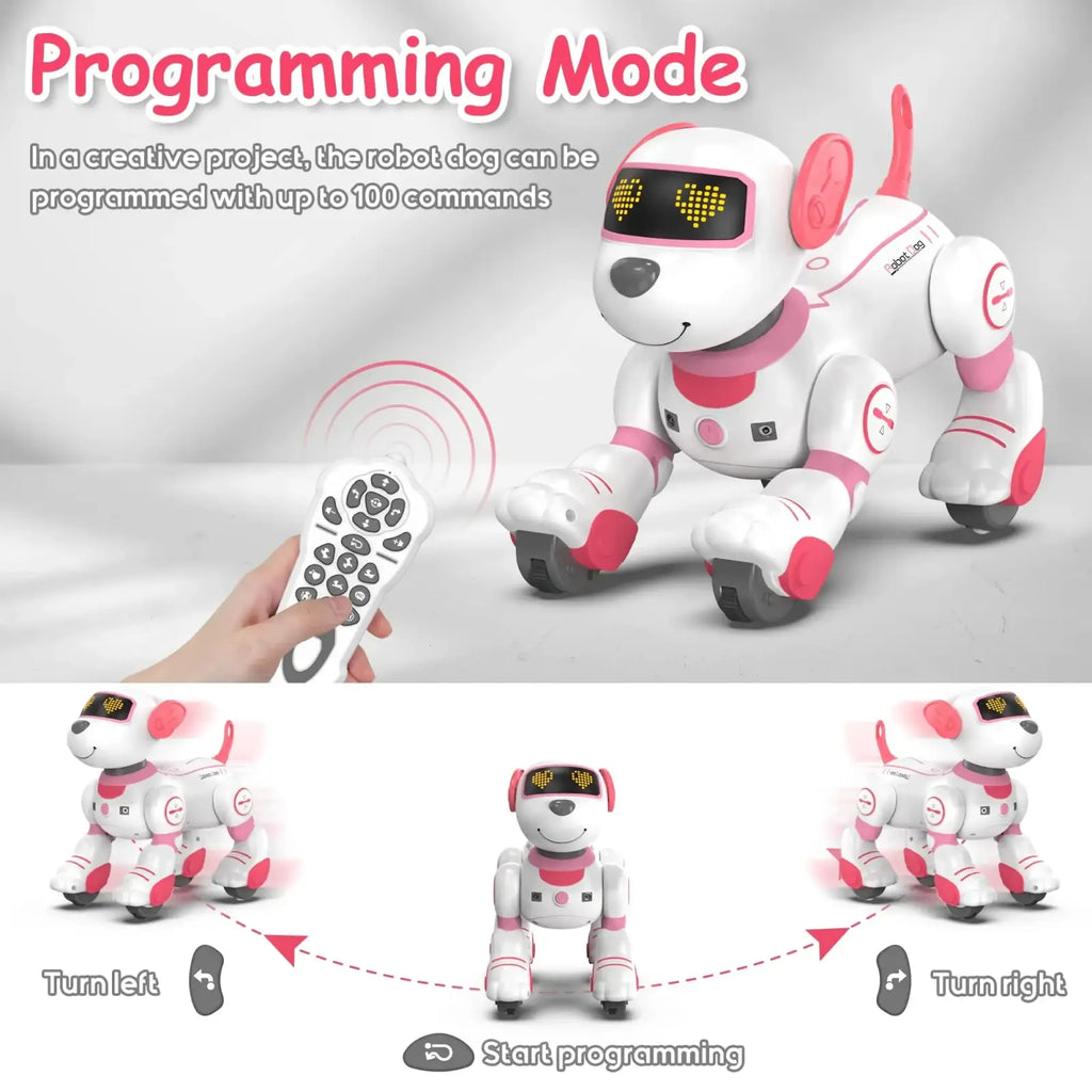 White and pink remote control robotic dog toy with led heart eyes and rechargeable battery designed for programming