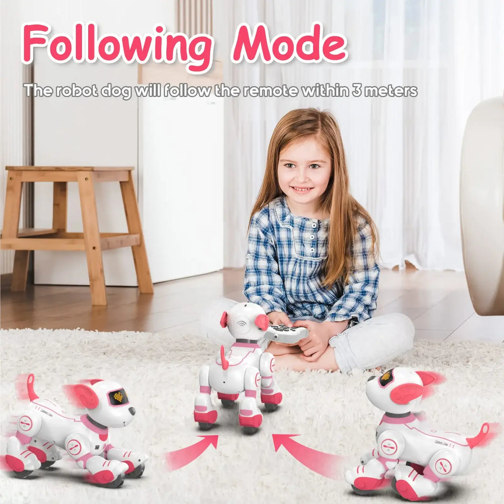 White and pink remote control robotic dog toy with red accents featuring rechargeable battery for interactive play