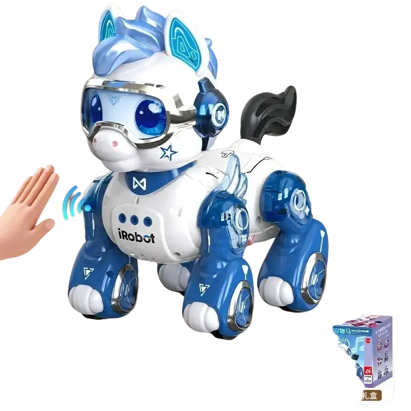 Blue and white irobot remote control robotic horse toy with glowing blue eyes and metallic futuristic design