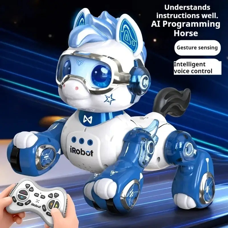 Blue and white irobot remote control robotic horse toy with glowing blue eyes and metallic futuristic design