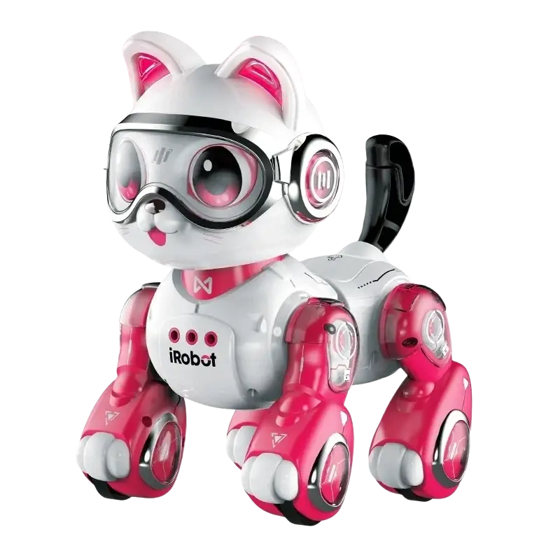Remote control robotic horse toy featuring a pink and white robotic cat design with goggles and red accents