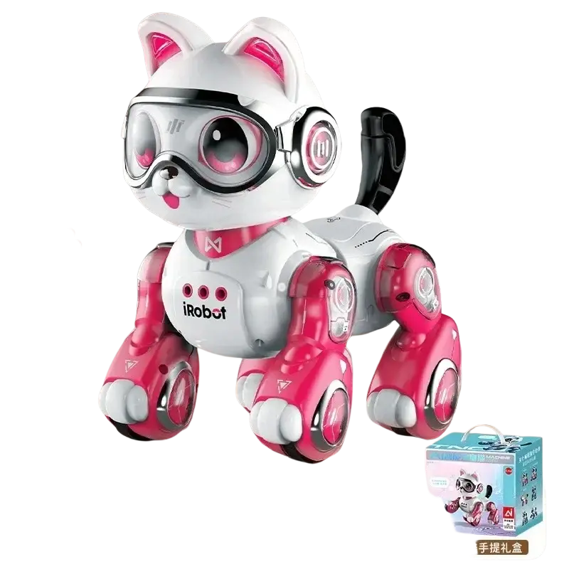Pink and white remote control robotic cat toy with goggles headphones and wheels for interactive play