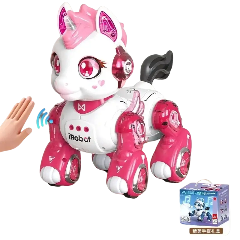 Remote control pink and white irobot smart programmable unicorn robot toy with glowing red eyes and metallic pink limbs