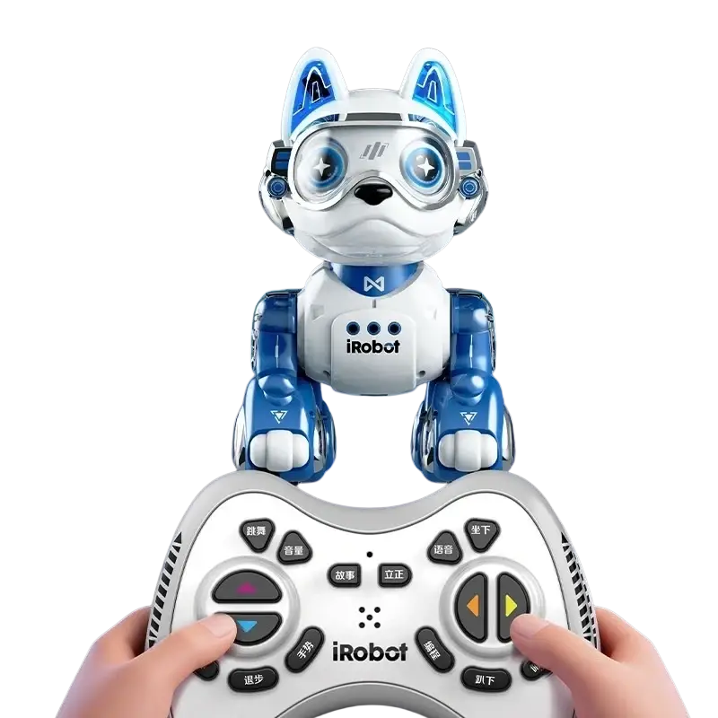 White and blue irobot remote control robotic horse toy with glowing eyes and ears and sleek plastic body for play