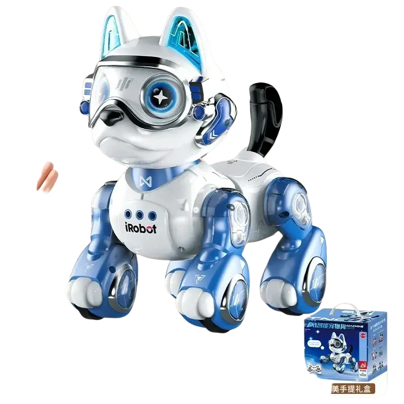 White and blue irobot remote control robotic horse toy with glowing eyes metallic accents and futuristic design