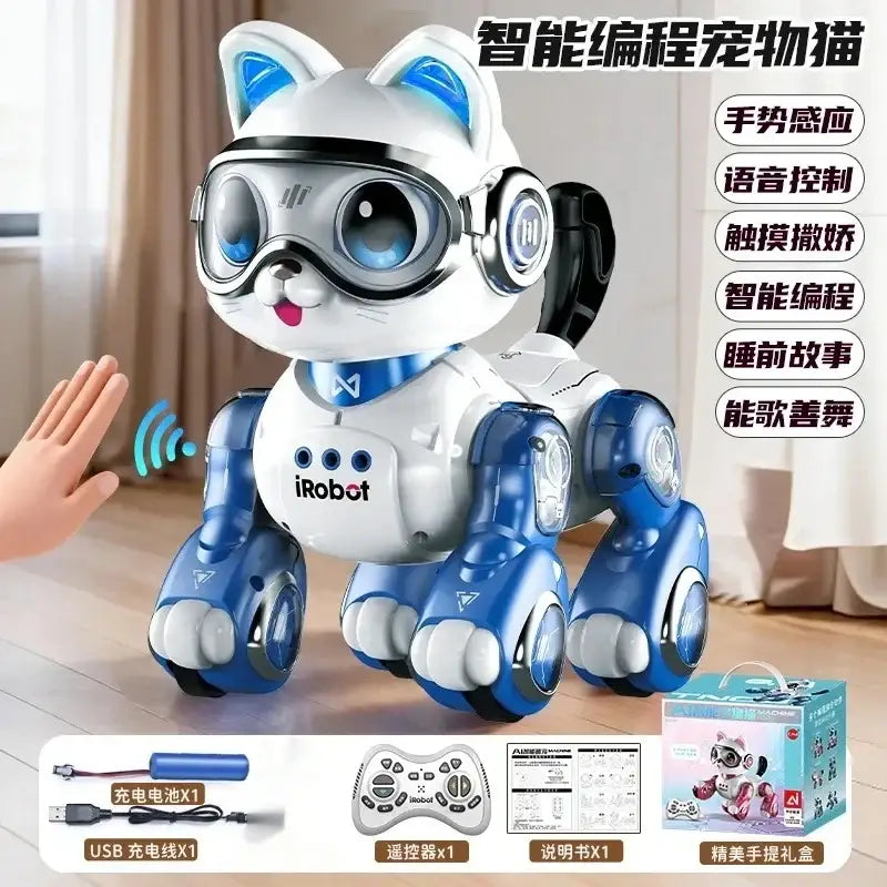 Remote control white and blue irobot smart programmable robotic cat with glowing eyes and articulated limbs toy