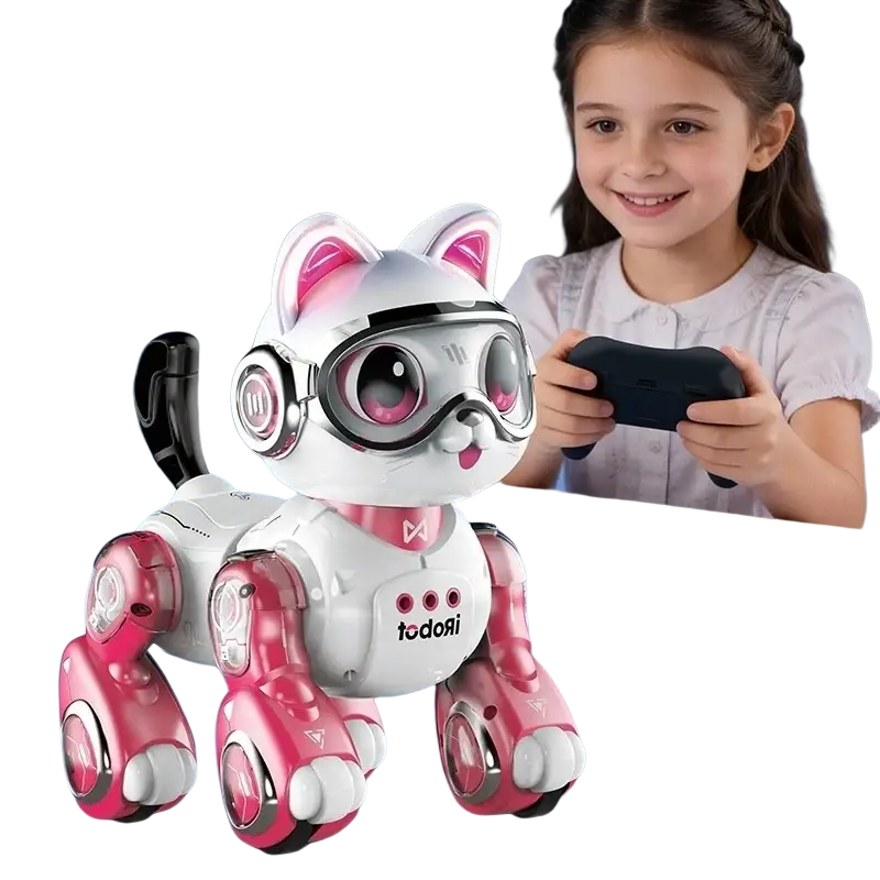 Remote control robotic horse toy in white and pink with large goggles black tail and red leg accents