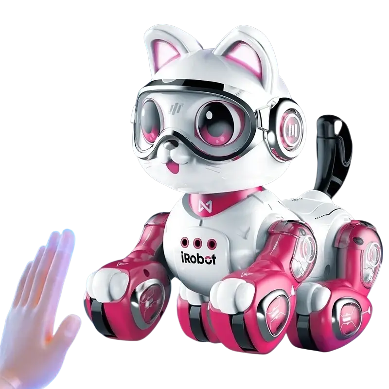 A white and pink remote control robotic cat toy with glowing pink eyes, goggles, and articulated limbs for interactive play