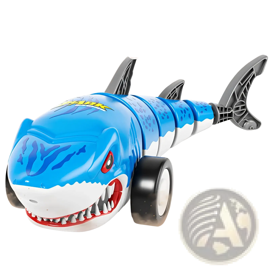 Remote control shark toy blue plastic rc car for kids with white details, red eyes, sharp teeth, and black wheels