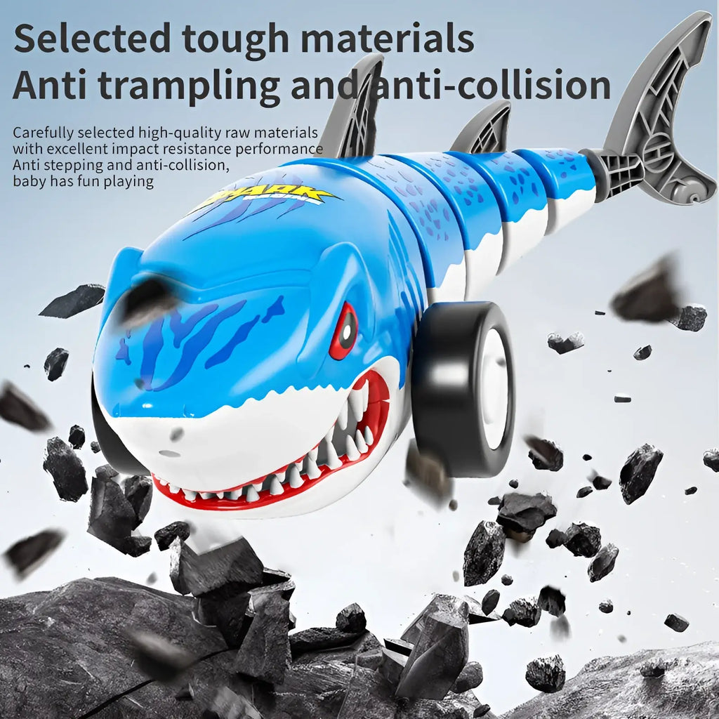 Remote control shark toy blue rc car for kids with blue and white plastic body red eyes sharp teeth and black wheels