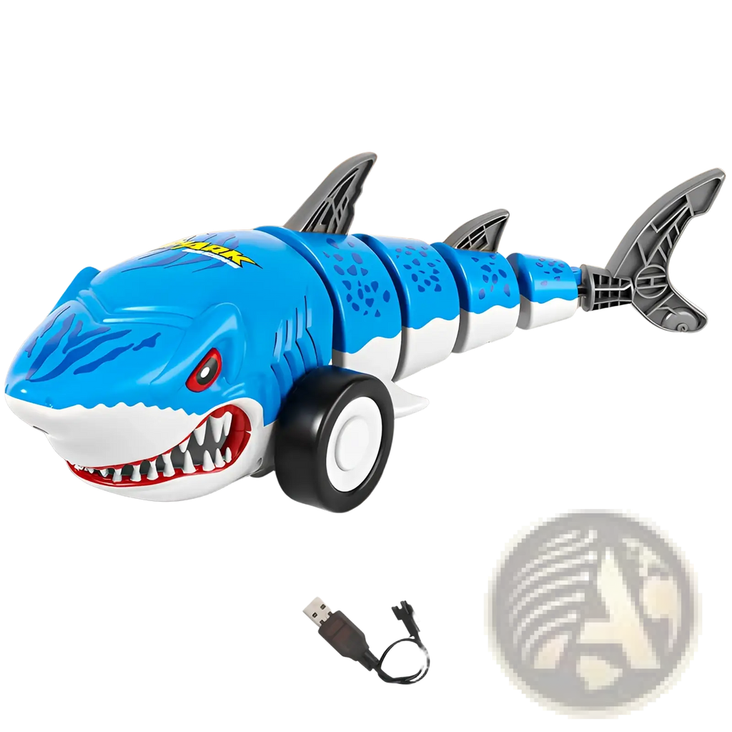 Blue and white plastic shark-shaped remote control car with black wheels for kids’ outdoor play