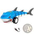 Blue and white plastic shark-shaped remote control car with black wheels for kids’ outdoor play