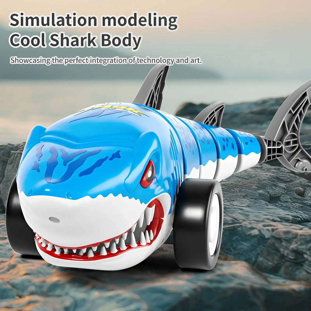 Remote control shark toy blue rc car for kids made of plastic with black wheels red eyes and sharp teeth detailed design