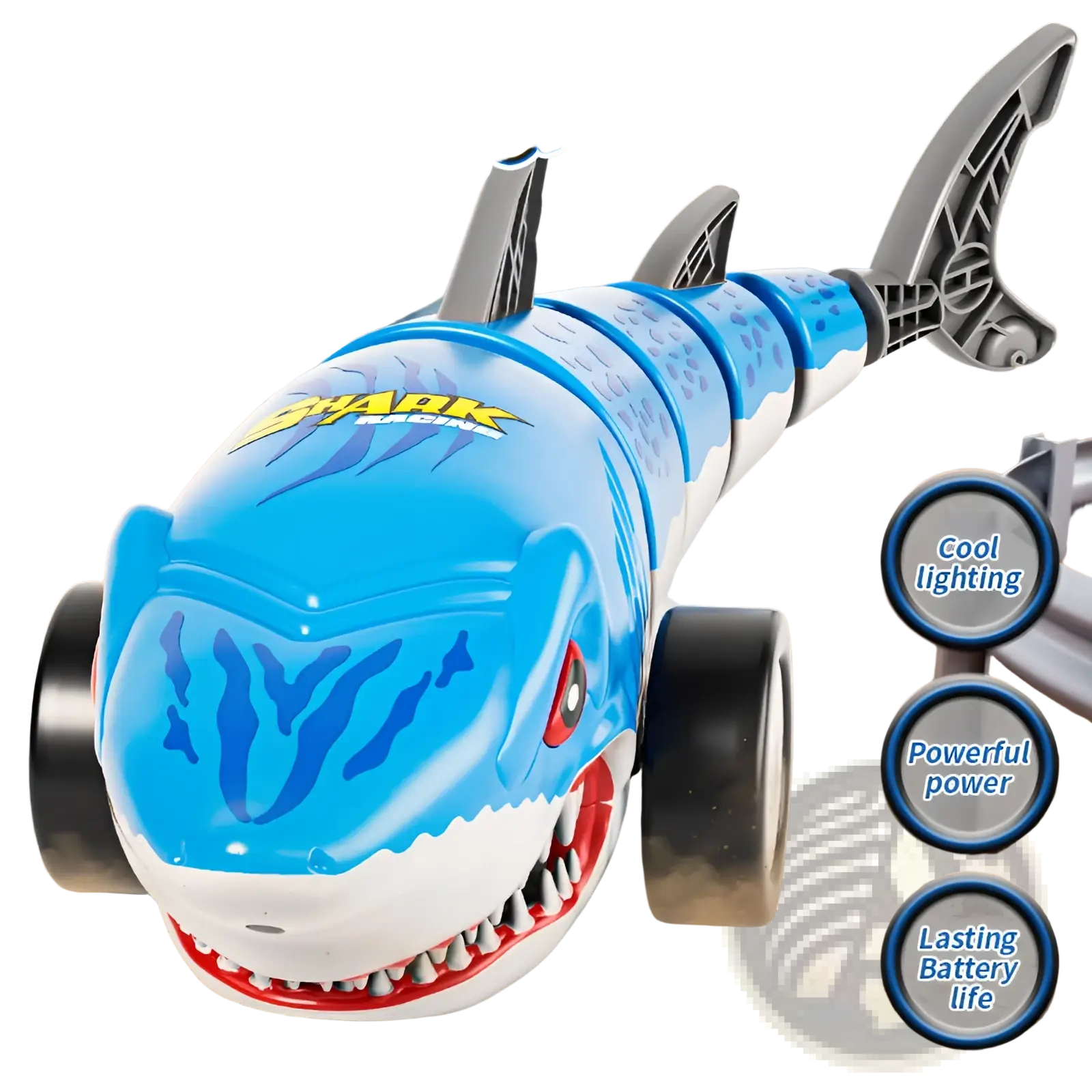 Blue and white plastic shark-shaped remote control toy car with black wheels red mouth accents and shark logo for kids