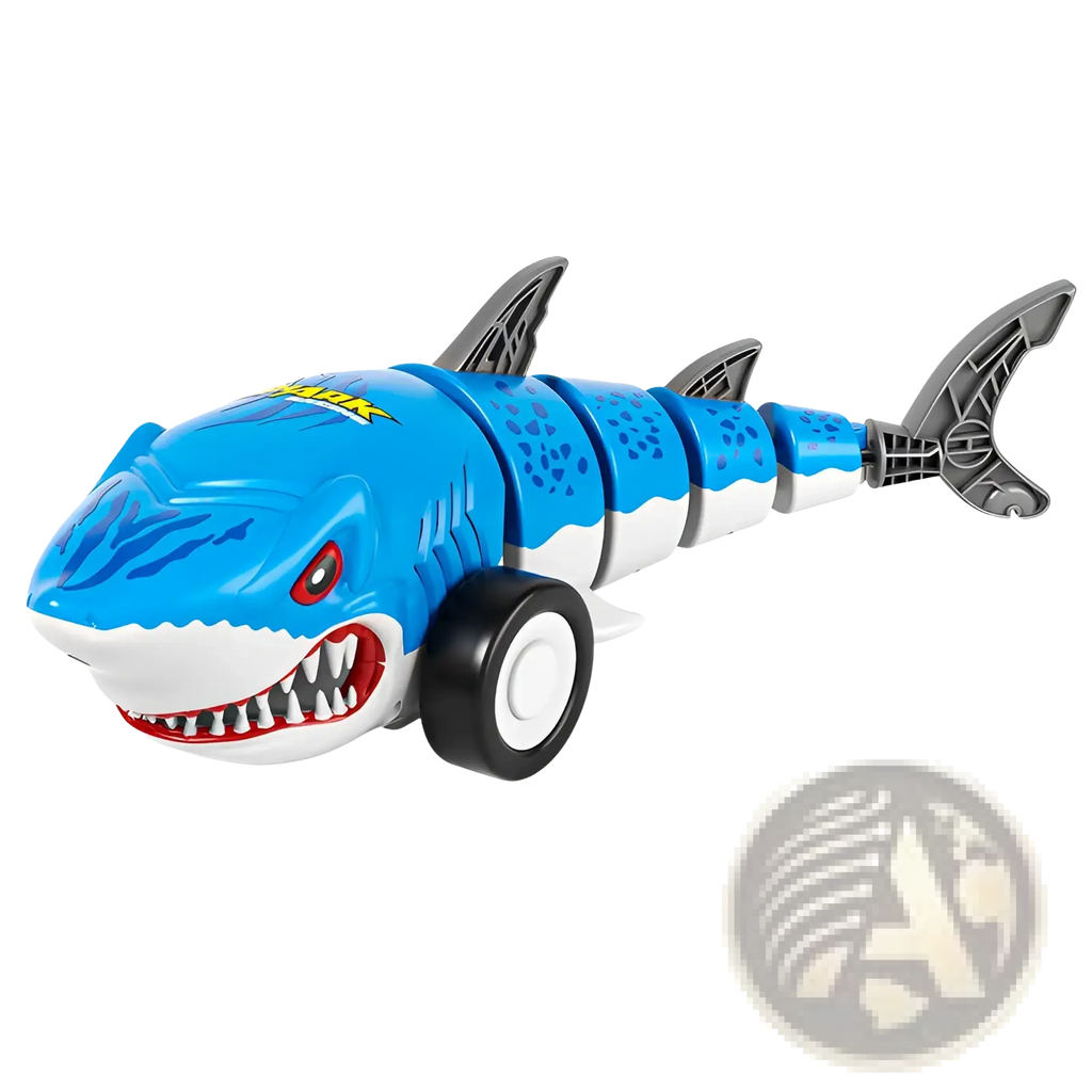 Blue and white plastic remote control shark toy car with black wheels gray fins red eyes and a toothy grin for kids