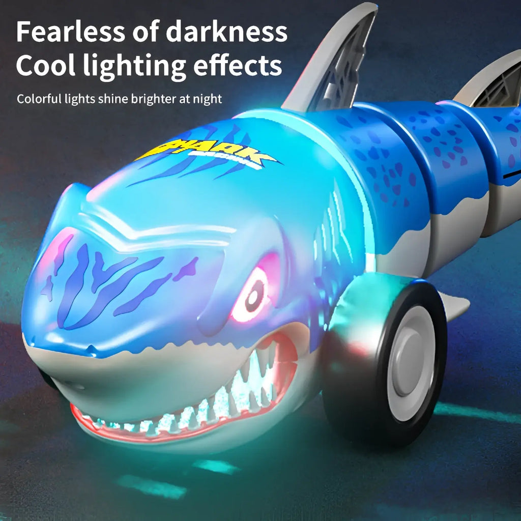 Blue and white remote control shark toy with glowing lights designed as an rc car for kids
