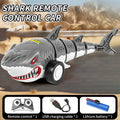 Remote control shark toy car gray with red eyes featuring black wheels and a detailed toothy grin