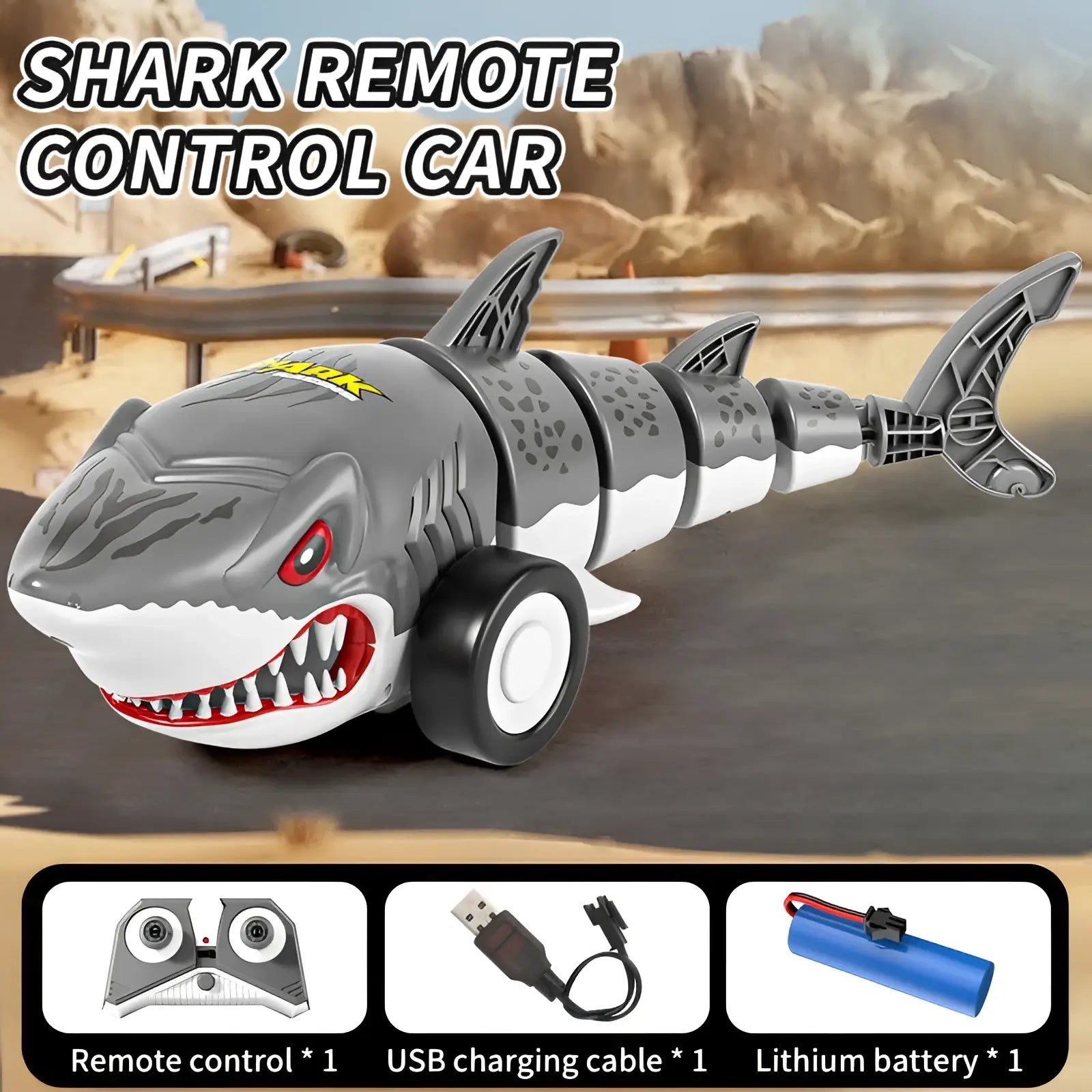 Remote control shark toy car gray with red eyes featuring black wheels and a detailed toothy grin