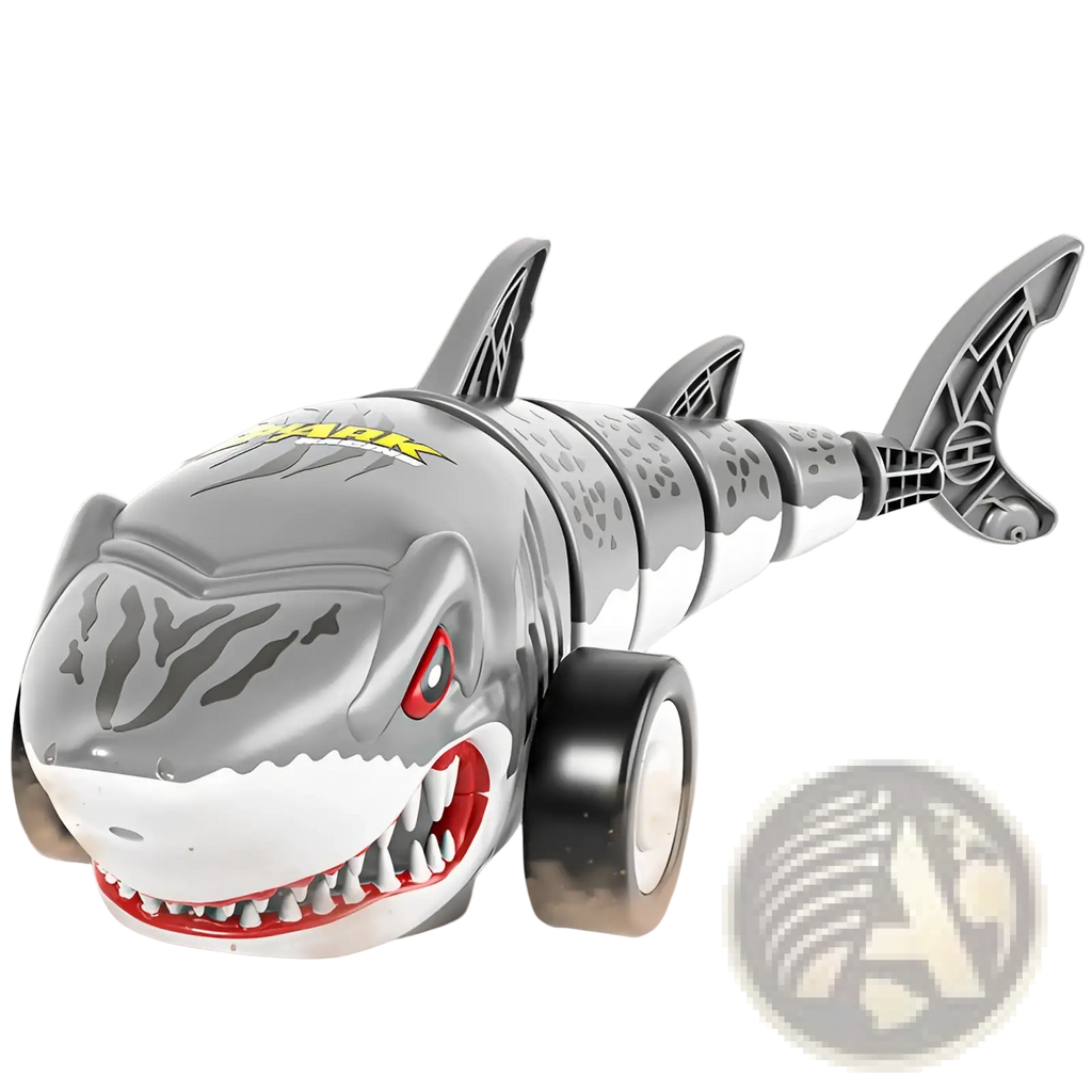 Remote control shark toy car gray with red eyes features sharp teeth, black wheels, and yellow shark logo on its head