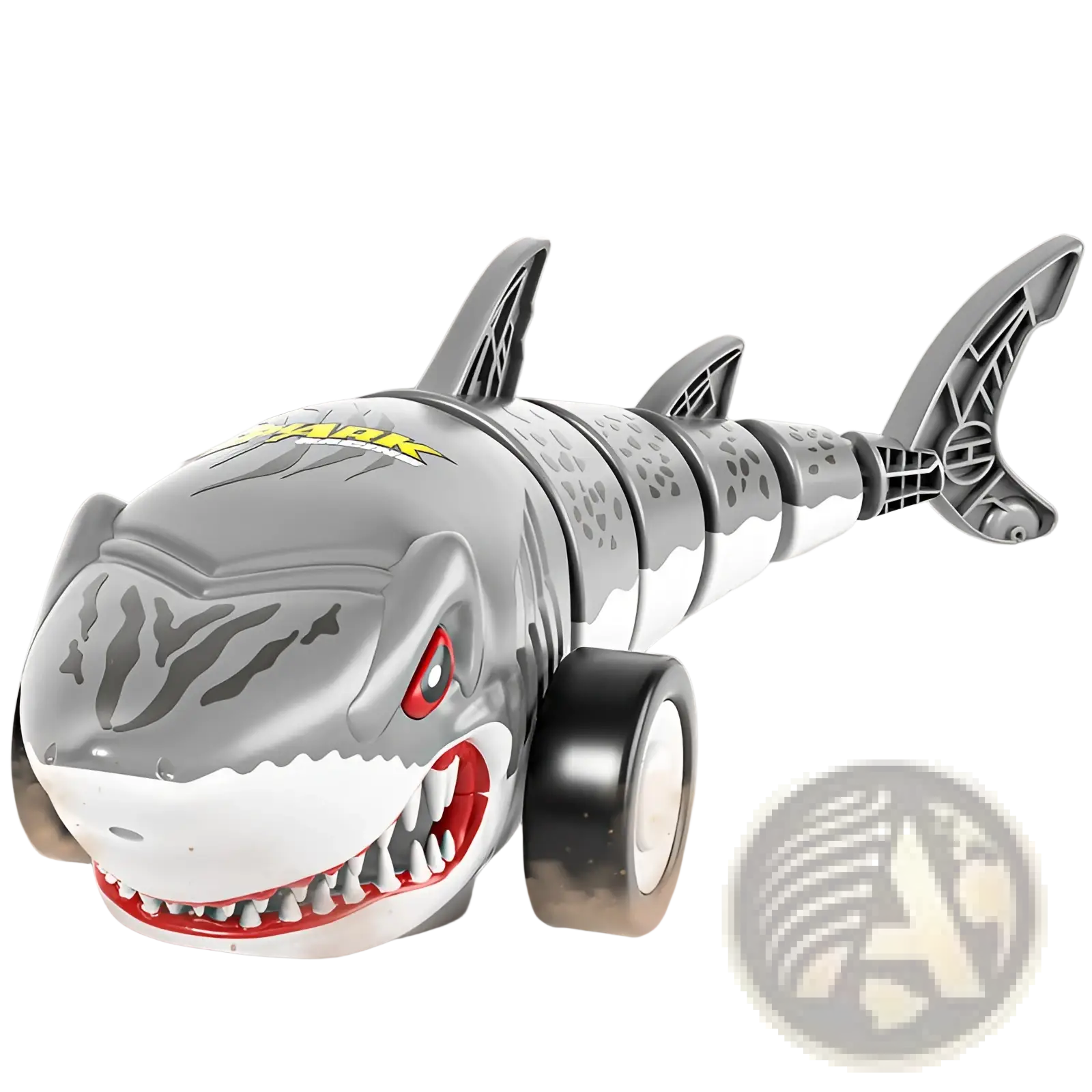 Remote control shark toy car gray with red eyes features sharp teeth, black wheels, and yellow shark logo on its head