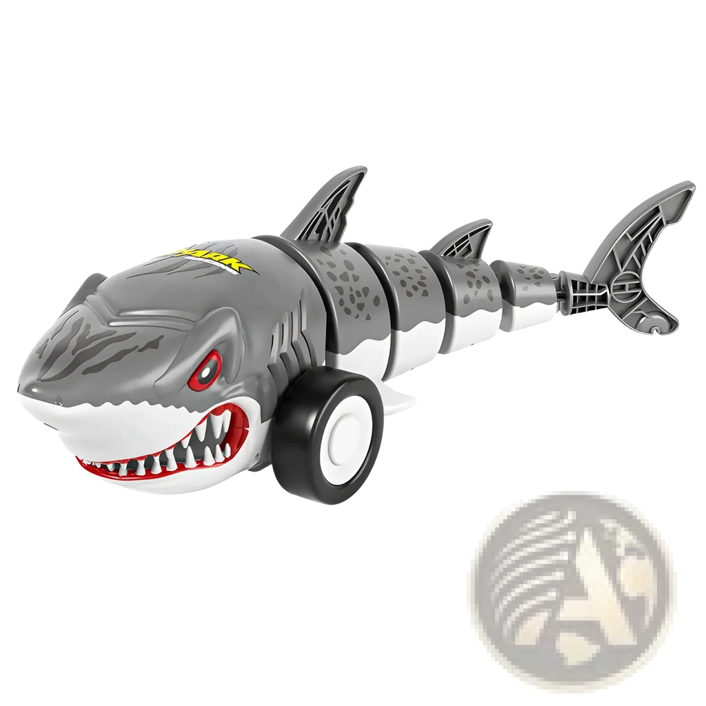 Remote control shark toy car gray with red eyes featuring black wheels and yellow shark logo on the head