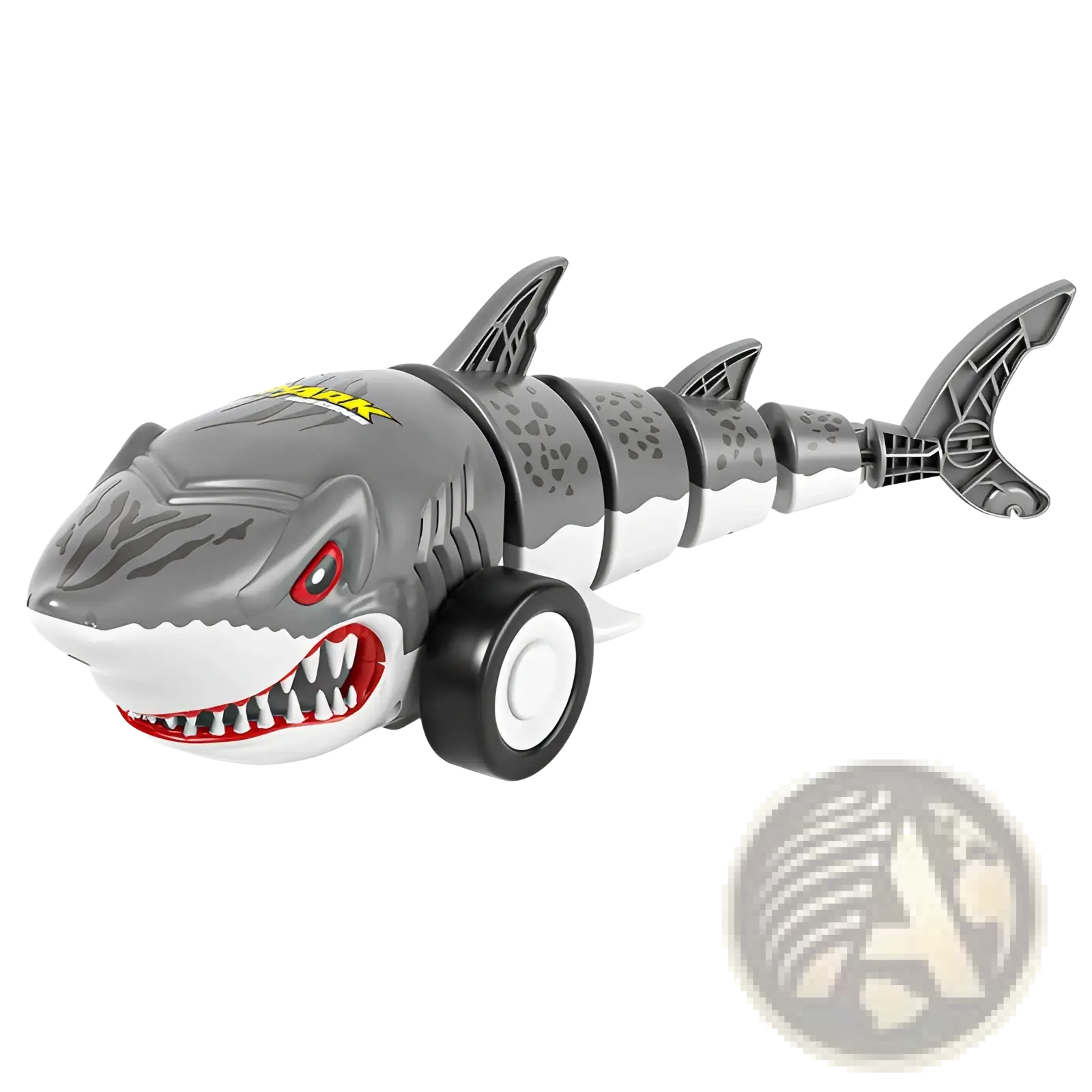 Remote control shark toy car gray with red eyes featuring black wheels and yellow shark logo on the head