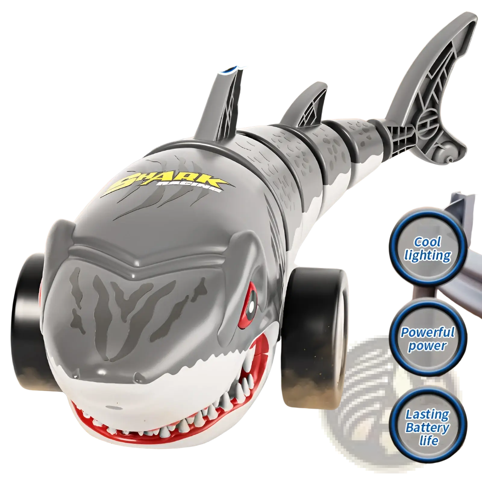 Remote control shark toy car in gray and white plastic with red eyes sharp teeth and black wheels