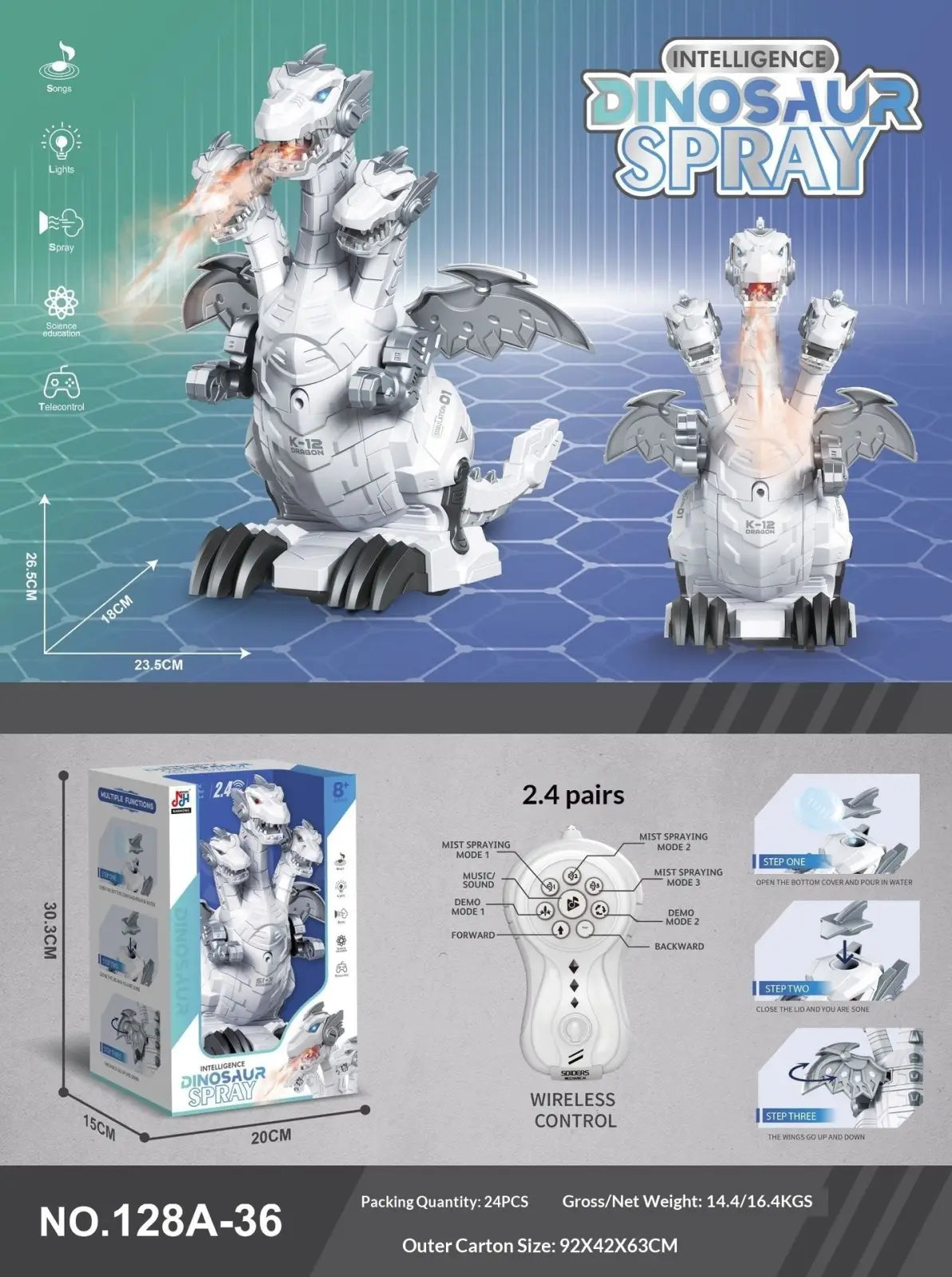 White robotic multiheaded dragonfly centipede toy with wings and wireless remote control for remote operation
