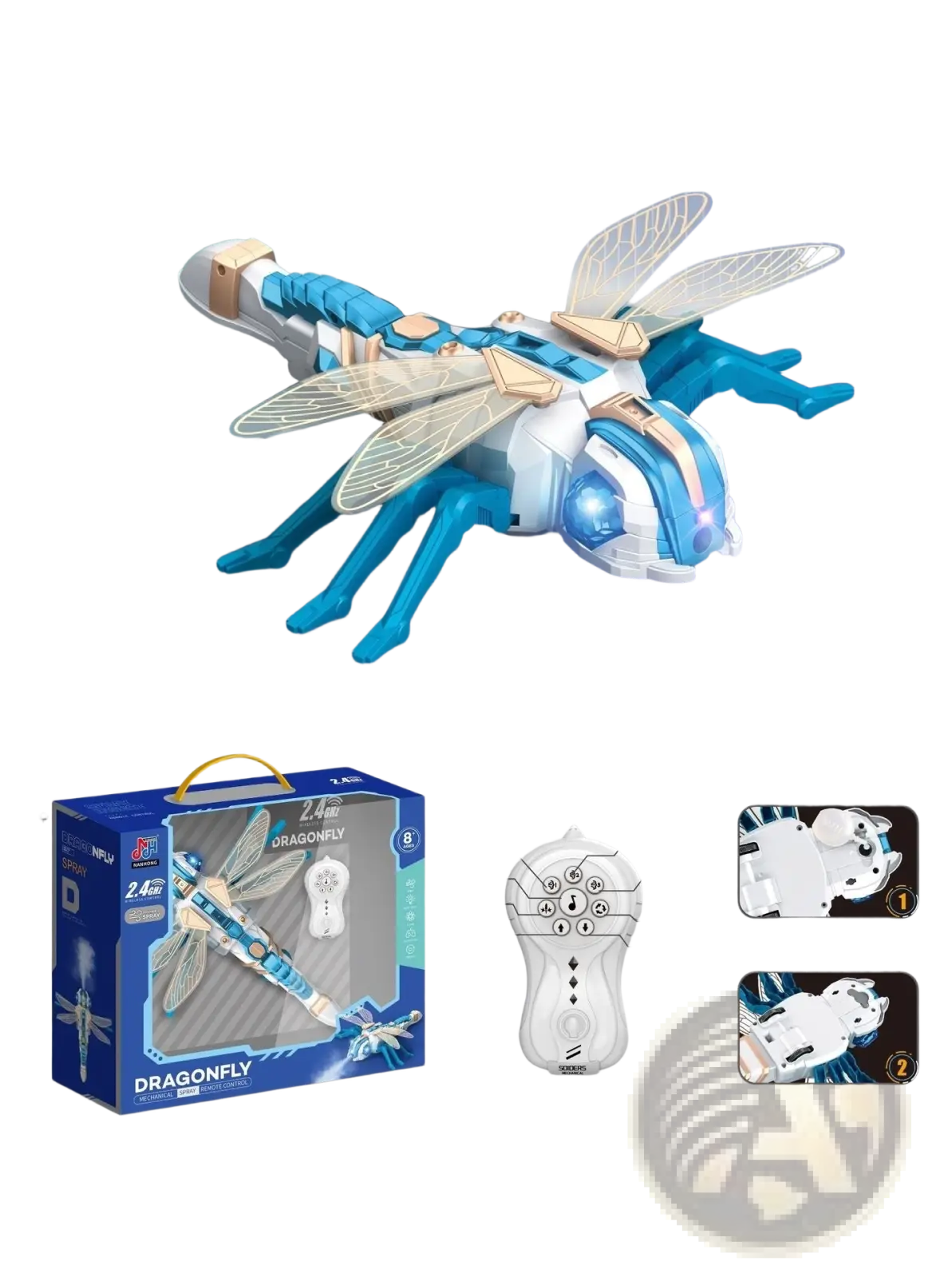 Remote control spray dragonfly centipede toy in blue and white with translucent wings and led lights for outdoor play